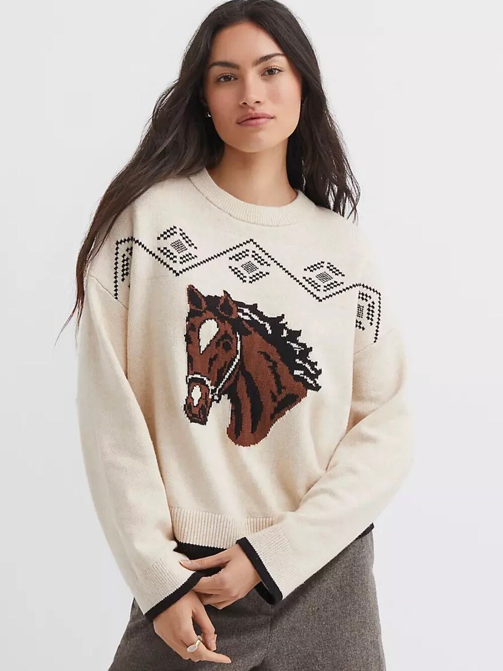 Ann Taylor LOFT Cream Horse Western Knit Crewneck Long Sleeve Sweater MEDIUM - Picture 3 of 11